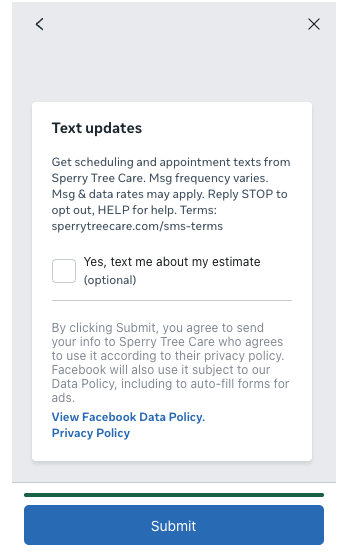 Screenshot of the earlier opt-in step on Sperry Tree Care's Facebook and Instagram estimate form: text updates disclosure, optional unchecked checkbox, and privacy policy link