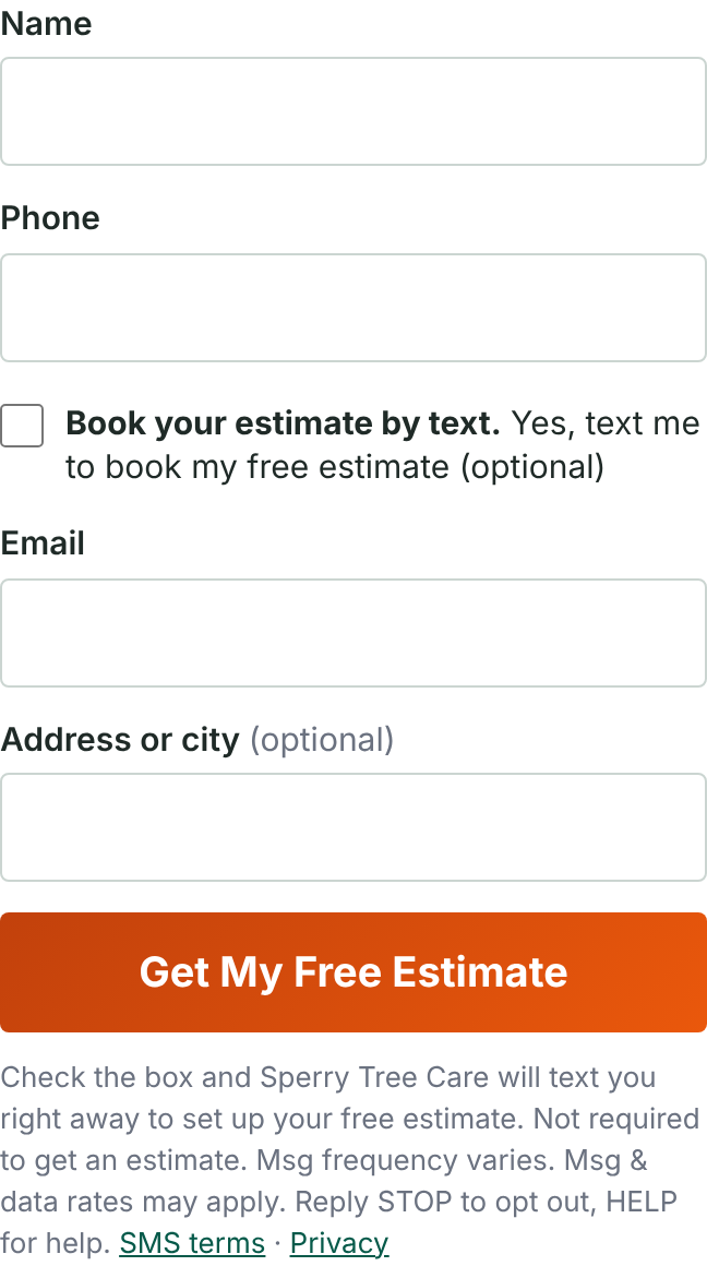 Screenshot of the estimate request form on sperrytreecare-estimate.com with the optional unchecked Book your estimate by text checkbox under the phone field and the SMS disclosure