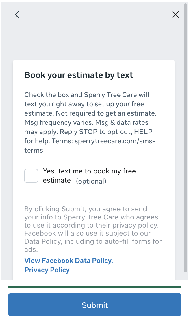 Screenshot of the opt-in step on Sperry Tree Care's Facebook and Instagram estimate form: Book your estimate by text disclosure, optional unchecked checkbox, and privacy policy link