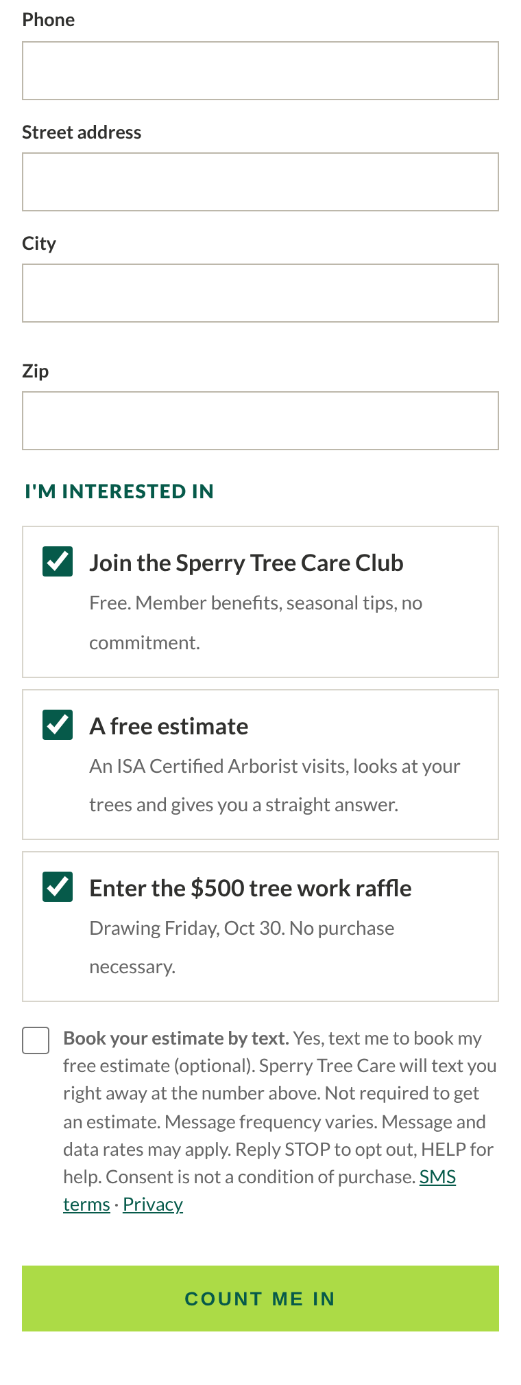 Screenshot of the Home Show sign-up form with the optional unchecked Book your estimate by text checkbox and SMS disclosure